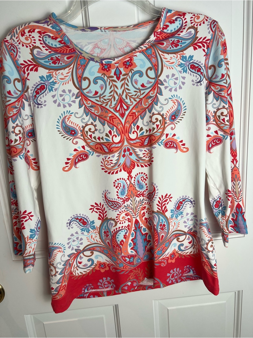 J. McLaughlin Floral Paisley Print 3/4 Sleeve Top - White & Coral
